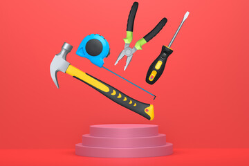 Construction tools and safety equipment floating over podium on abstract background, industrial work and protection concept
