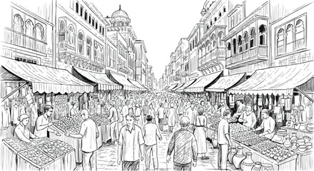 Obraz premium Crowded marketplace urban scene vector line art illustration.