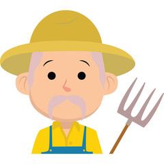 Friendly Farmer Character Wearing Yellow Hat and Overalls Holding Pitchfork With Transparent Background