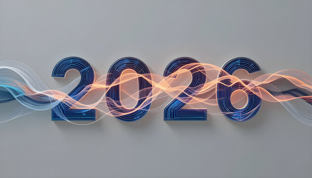 Blue 2026 numbers with glowing orange and white wavy lines image - Powered by Adobe