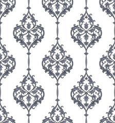 Seamless damask-style pattern in black and gray on white background, ornate symmetrical motif for wallpaper, textile, fashion, interior decor design