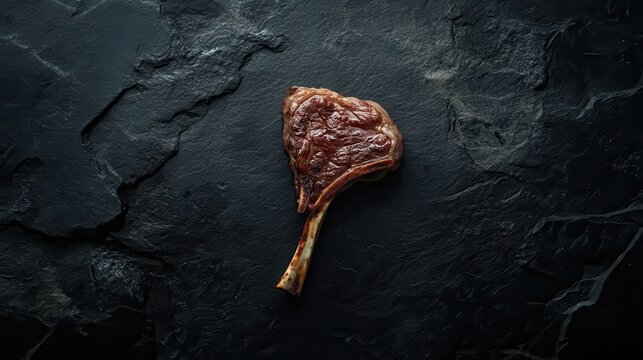 Cooked ribeye steak displayed on a dark stone surface with rich textures and colors for a gourmet dining experience