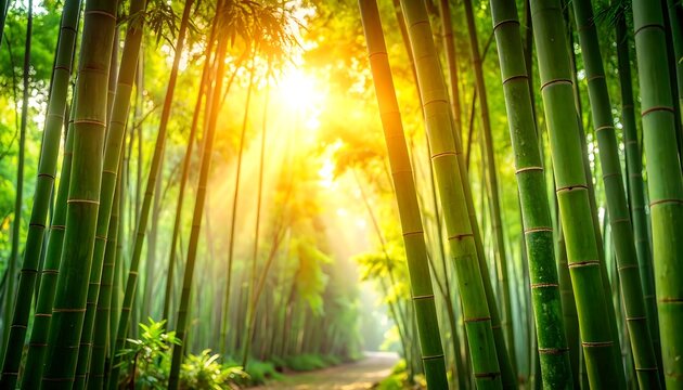 A sunlit path winds through a dense bamboo forest with vibrant green stalks and a warm, ethereal atmosphere