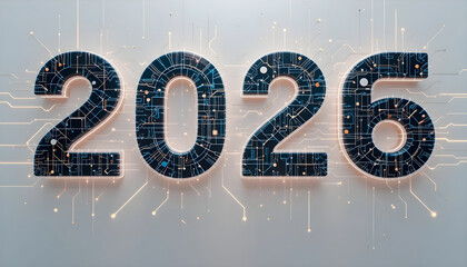 Dark blue 2026 numbers with circuit board pattern and glowing lines year future