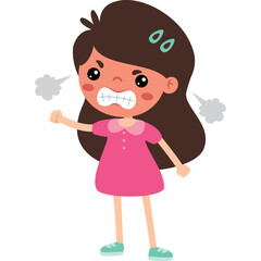 Frustrated Young Girl With Brown Hair Wearing Pink Dress And Teal Shoes Expressing Anger With Steam Coming From Mouth And Sweating Eyes In A Cartoon Style With Transparent Background
