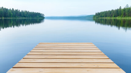 Fototapeta premium Calm still water reflects trees and sky, creating peaceful atmosphere at dock