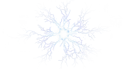 Abstract glowing blue fractal pattern resembling a neuron or snowflake, isolated on transparent background