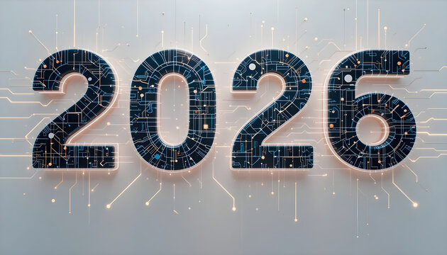 Dark blue 2026 numbers with circuit board pattern and glowing lines year future