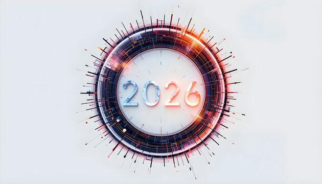 Futuristic circular clock face with 2026 year glowing in center image