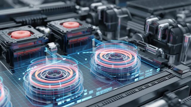 Close-up of holographic AI optimization panel controlling advanced energy storage cells, futuristic clean engineering aesthetic, ai optimized energy storage