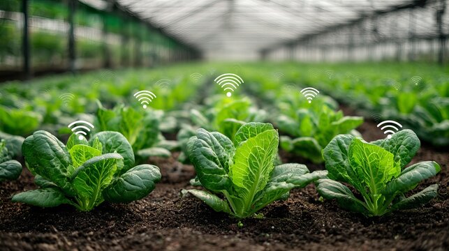 Smart farming with connected crops in greenhouse for technology and agriculture concepts shows modern innovation and sustainability focus