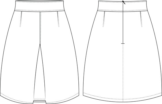 mid high rise waist pleated short mini darted tailored zippered a line straight skirt template technical drawing flat sketch cad mockup fashion woman design style model 
