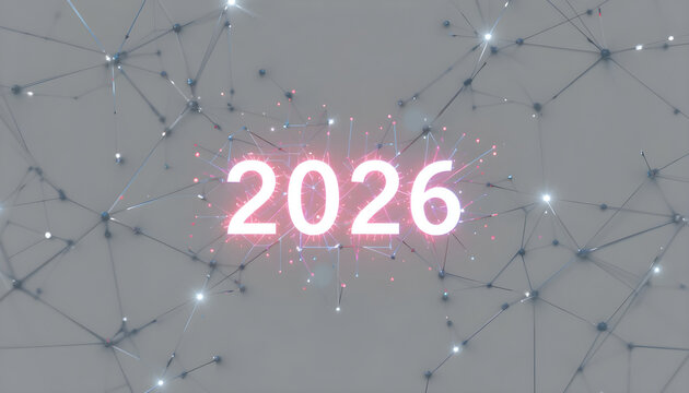 Glowing 2026 number with network connections and lights year