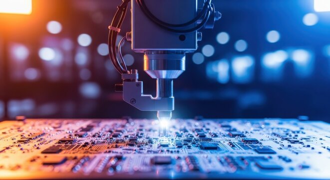 Robotic arm performing precise tasks on a circuit board in a high-tech manufacturing facility