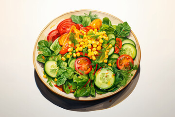 garden salad with tomato, cucumbers, corn, lettuce, and vegetables vector for fresh food and healthy meal concept