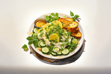 chef salad with toast and vegetables for healthy food and fresh meal concept on white isolated background