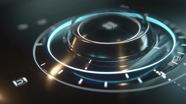 Close-up of holographic smart home control dial rotating on its own, smooth elegant future home design,  ai powered home automation