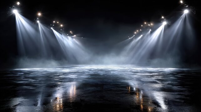 Stage lights illuminate a wet, reflective floor in the darkness.