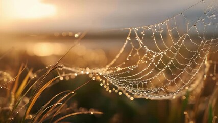 A spider web adorned with glistening dew drops, lit by the warm glow of dawn. - Powered by Adobe