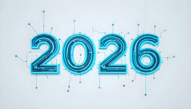 Glowing blue 2026 numbers with digital circuit connections year future