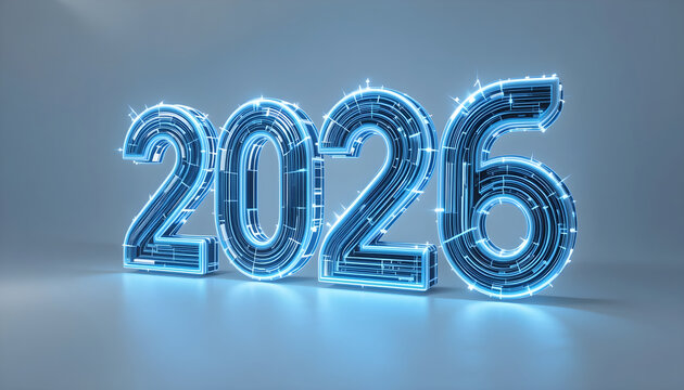 Glowing blue 2026 numbers with circuit board texture and light effects year futuristic - Powered by Adobe