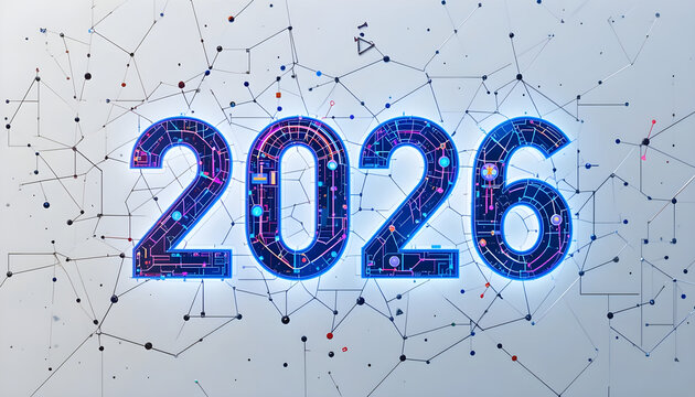 Glowing blue 2026 numbers with digital circuit patterns on network background year future - Powered by Adobe