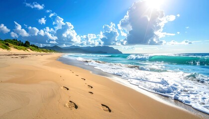 A sunny beach with sand, ocean waves, footprints, distant mountains, and a vibrant blue sky with fluffy clouds