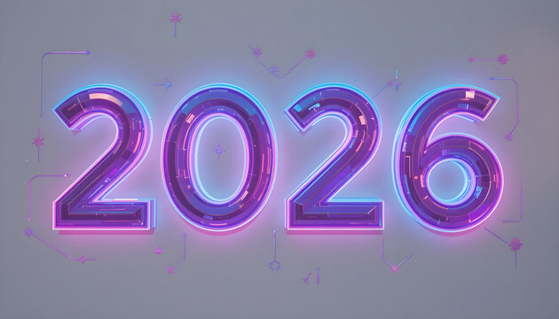 Glowing neon 2026 numbers with futuristic circuit patterns year