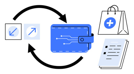 Electronic wallet with circuit pattern, directional arrows, shopping bag with cross, and checklist, representing finance, payment, shopping, technology, healthcare exchange and digital economy