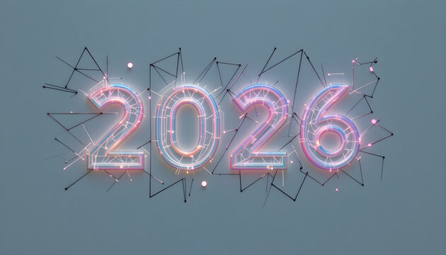 Glowing neon numbers 2026 with abstract network lines and sparks light
