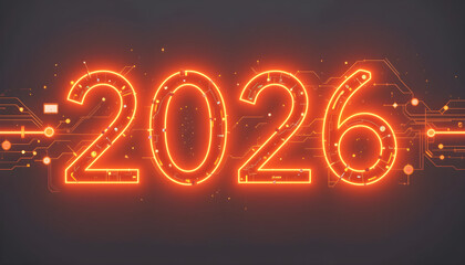 Glowing orange 2026 numbers with digital circuit background year future