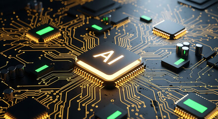 AI Chip on Motherboard Background: Next Generation Technology, Artificial Intelligence, Machine Learning, High Tech Circuit Board Concept, Cyber Security, Innovations