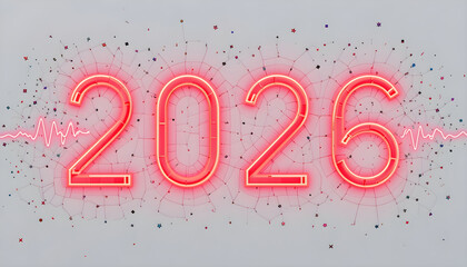 Glowing red neon numbers 2026 with confetti and waveform shirt text