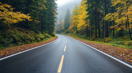 Fototapeta premium Winding road through tranquil forest with vibrant autumn foliage and misty atmosphere