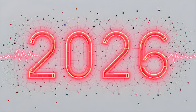 Glowing red neon numbers 2026 with confetti and waveform shirt text