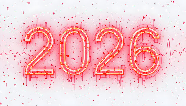 Glowing red neon numbers 2026 with digital circuit elements shirt text