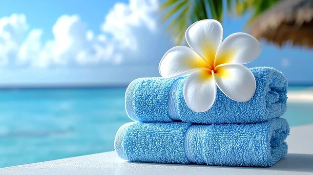 Peaceful spa scene on a tropical beach with stacked soft blue towels and a beautiful white frangipani flower overlooking the ocean
