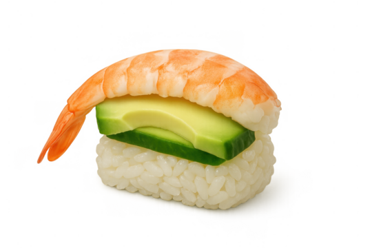 Shrimp nigiri sushi with avocado slice on rice, japanese cuisine, fresh seafood meal, healthy eating