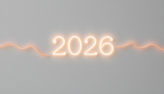 Neon 2026 numbers glowing on a light gray background with wavy orange wire image