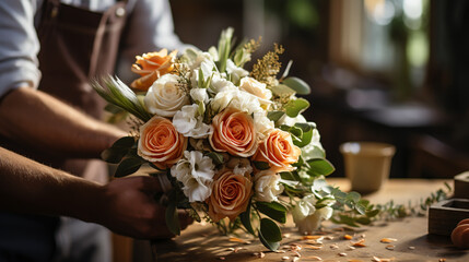 Portrait of a happy shopkeeper is smiling while making bouquet of flowers at his florist