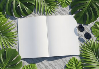 Blank magazine on rattan surface with tropical leaves and sunglasses, bright summer outdoor lifestyle setup