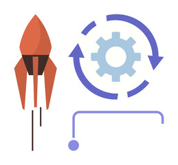 Red rocket launching upward, gear with circular arrows showing process automation, and a connection line. Ideal for progress, startup growth, innovation, technology, workflow, engineering simple