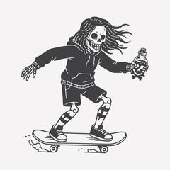 Obraz premium Skeleton Skater with Toxic Bottle – Surreal Tattoo-Style Punk Motion Art for Stickers & Merch