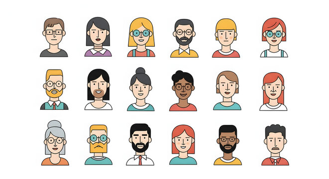 Vibrant set of minimalist outlined user avatars depicting a wide range of diverse men and women for digital profiles, social media, and modern graphic design projects