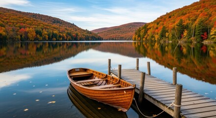 Obraz premium Tranquil autumn lake scene with wooden rowboat and vibrant foliage reflection