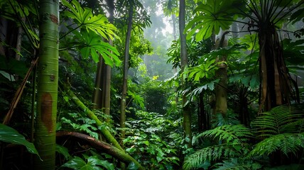 Lush green tropical rainforest with sunlight filtering through dense foliage