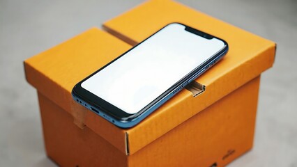 A modern smartphone with a blank white screen rests on a closed cardboard box, suggesting delivery or online shopping concept
