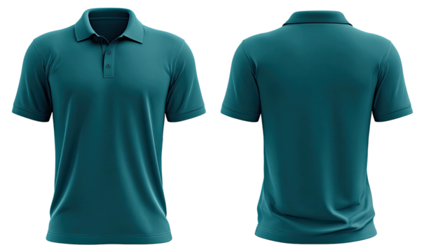 Teal short-sleeved polo shirt, shown front and back, classic fit, simple design, digitally rendered