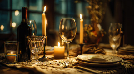 Fototapeta premium A dimly lit dining table set with wine, glasses, plates, silverware, and lit candles creating ambience