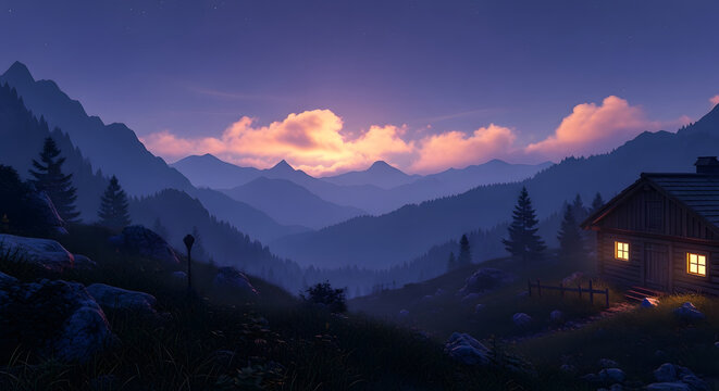 A serene alpine valley at twilight with a cozy, illuminated wooden cabin nestled in the mountains during a beautiful sunset
